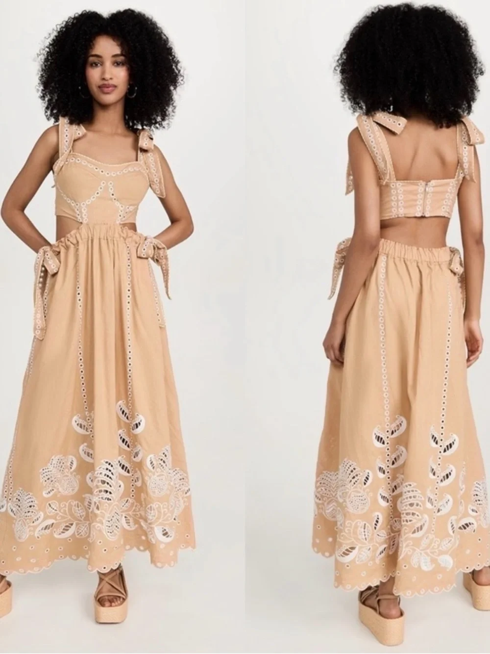 FARM Rio Beige Eyelet Tie-Shoulder Maxi Dress - Picture 2 of 4